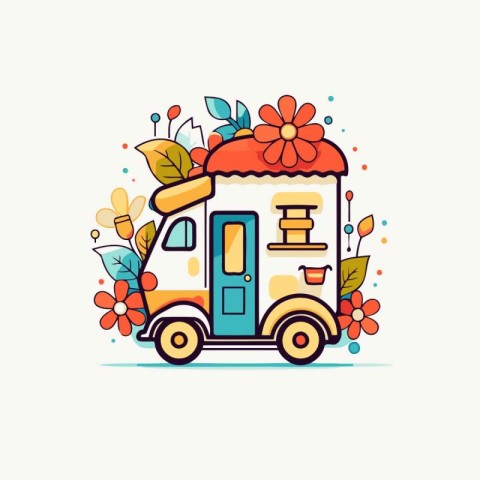 Coffee truck with flowers and leaves. Vector illustration in fla