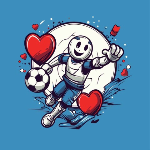 Vector illustration of a cute robot playing soccer with hearts i