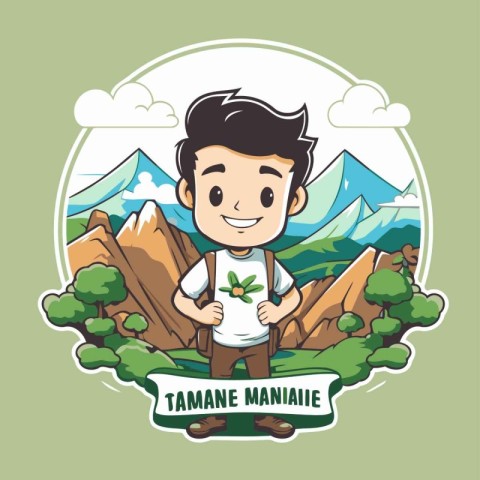 Man with backpack and green leaves in the mountains. Vector illu