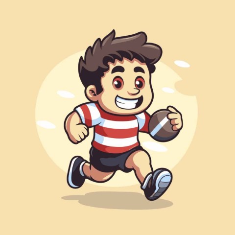 Cute boy running with rugby ball. Vector illustration. Cartoon s