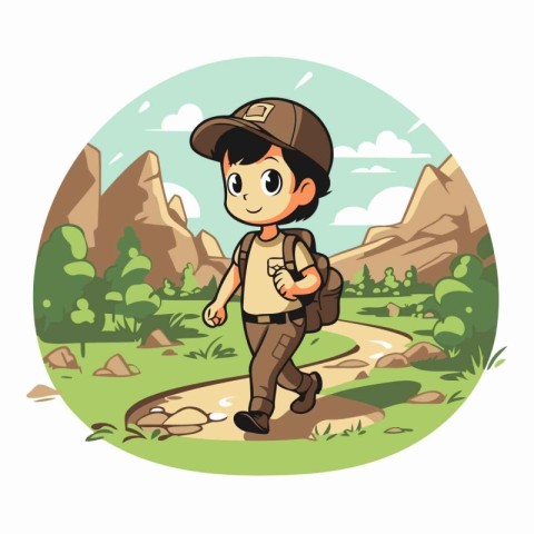 Boy scout with backpack and cap in the mountains. Vector illustr