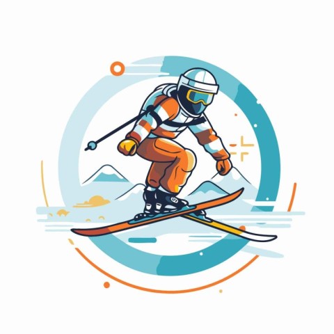 Skiing man in helmet and goggles on skis. Vector illustration.