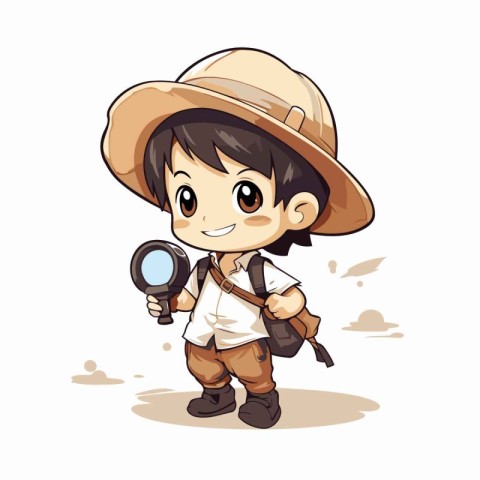 Boy explorer with a magnifying glass and backpack. Vector illust