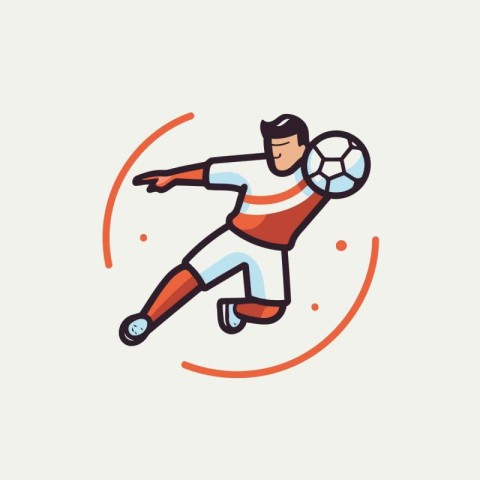 Soccer player with ball in action. Line style vector icon.