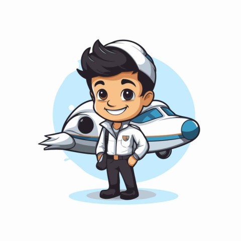 Cute cartoon pilot with airplane on white background. Vector ill