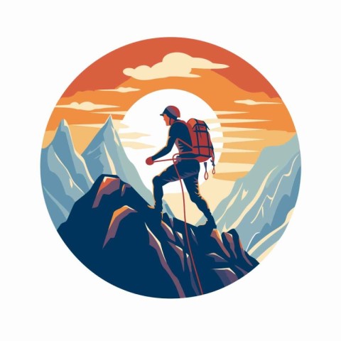 Mountaineer climbing on the top of a mountain. Vector illustrati