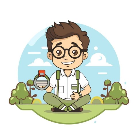 Hiker man with backpack and watch in the park. Vector illustrati