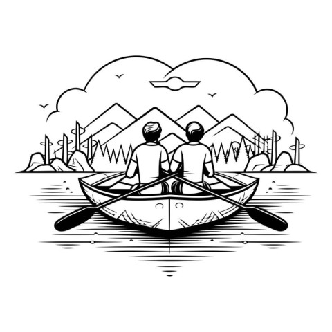 Couple in a canoe on the lake. Black and white vector illustrati