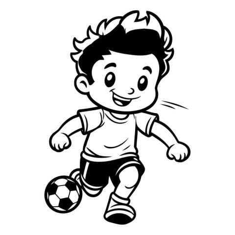 Boy playing soccer - Black and White Cartoon Illustration. Isola