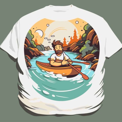 T-shirt print design with a man kayaking in the river