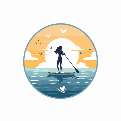 Silhouette of a girl on a stand up paddle board in the sea. Vect