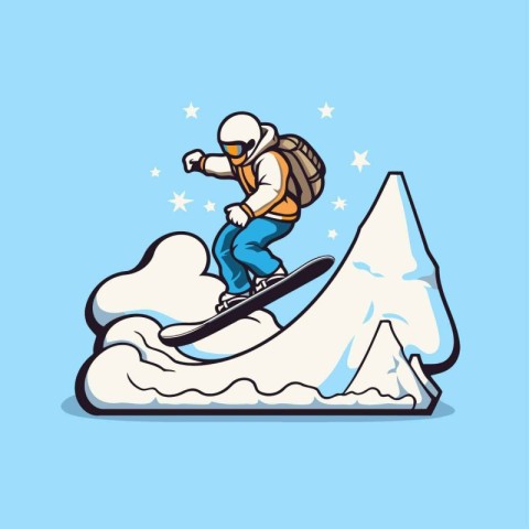 Snowboarder jumping on a snowy mountain. Cartoon vector illustra