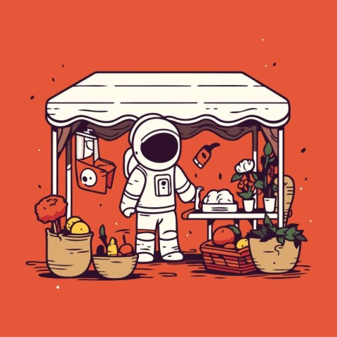 Astronaut at the food stand. Vector illustration in cartoon styl