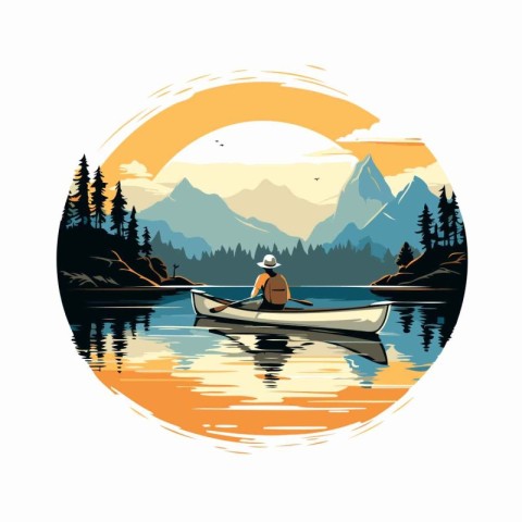 Kayaking on the lake. Vector illustration in flat design style.