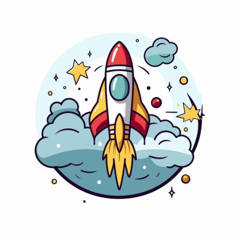 Cartoon rocket in the clouds. Vector illustration on white backg