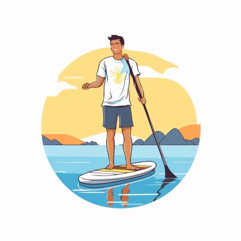 Young man on stand up paddle board. Vector illustration in flat