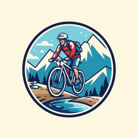 Mountain biker riding on a road in the mountains. Vector illustr