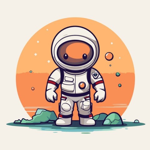Cartoon astronaut on the background of the sea. Vector illustrat