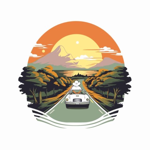 Retro car on the road at sunset. Vector illustration for your de