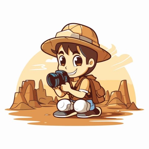 Cute boy in safari hat with camera. Vector illustration.