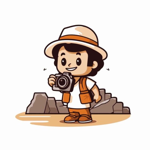 Tourist boy holding a camera cartoon vector illustration. isolat