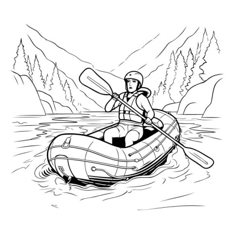 Illustration of a man paddling a kayak on the river.