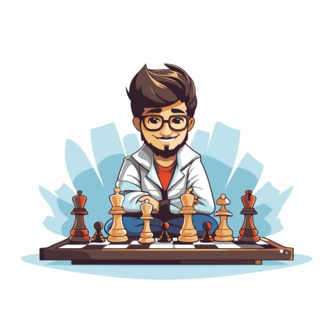 Businessman playing chess. Vector illustration of a man playing