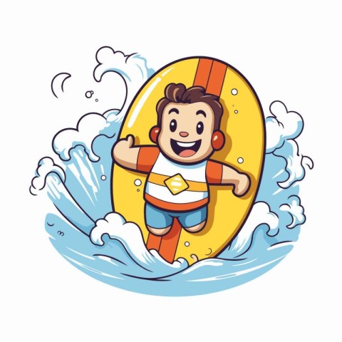 Cartoon boy on a surfboard in the ocean. Vector illustration.