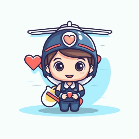 Cute boy pilot with helicopter and heart vector illustration. Cu