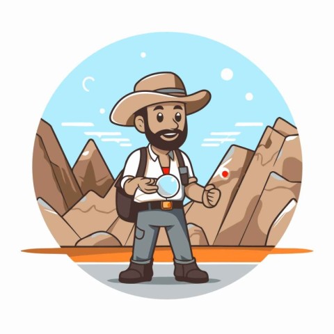 Cartoon explorer with a magnifying glass and map. Vector illustr