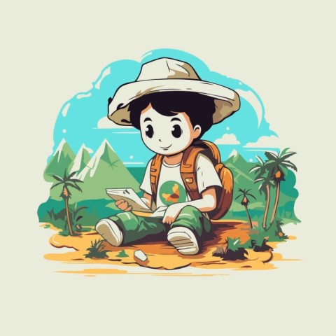 Illustration of a boy with a backpack reading a map in the jungl