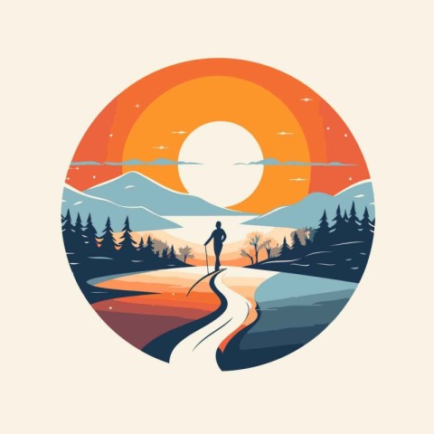 Girl on the road at sunset in the mountains. Vector illustration