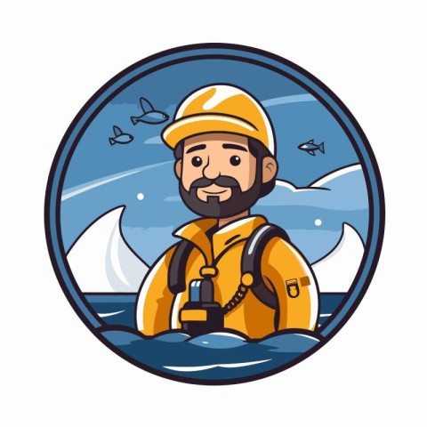 Vector illustration of a man in life jacket holding a bottle of