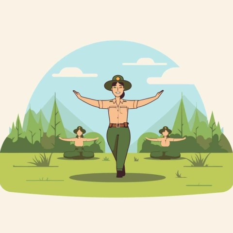 Cartoon vector illustration of a man doing yoga in the park.