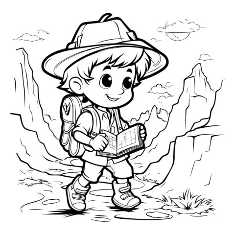 Hiking boy - black and white vector illustration for coloring bo