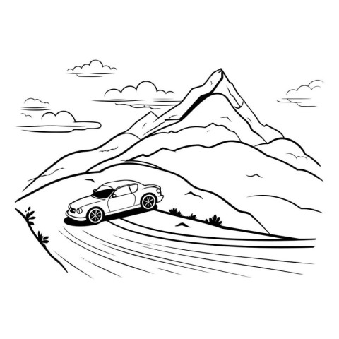 Sketch of a car driving on a mountain road. Vector illustration