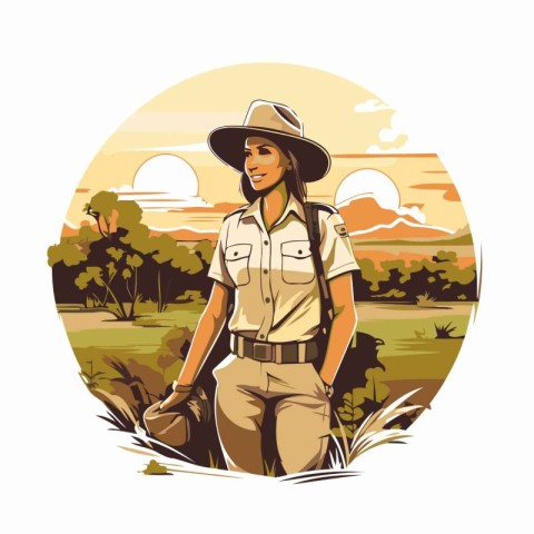 Beautiful woman in safari outfit at sunset. Vector illustration.