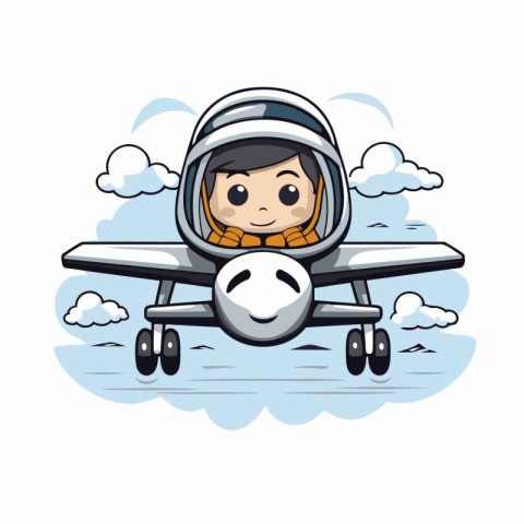 Cute little boy flying in an airplane. Vector illustration on wh