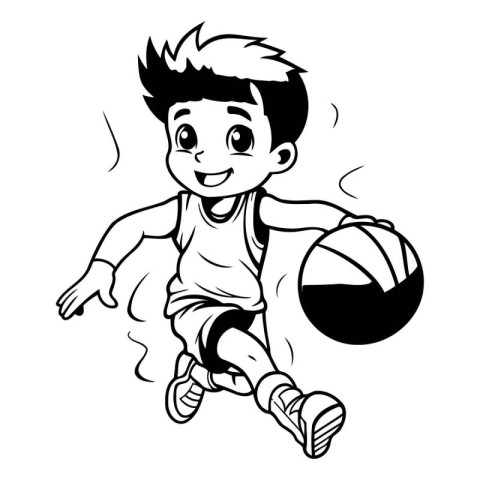 Boy playing basketball - black and white vector illustration. is