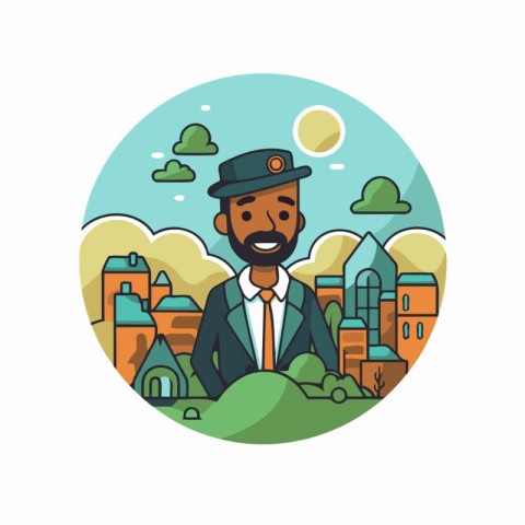 Hipster man in a hat with a mustache. Vector illustration.