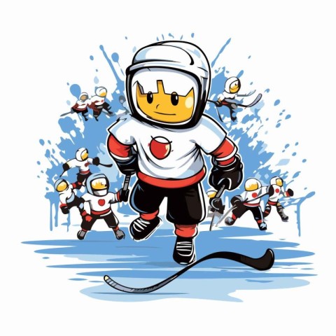 Hockey player and team in action. vector cartoon illustration is