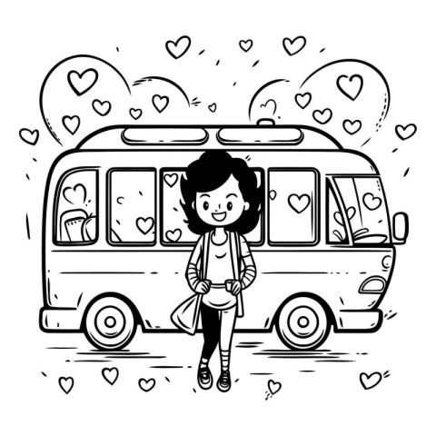 cute little girl with school bus and hearts vector illustration