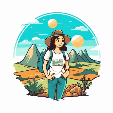 Tourist woman with backpack on the background of mountains. Vect