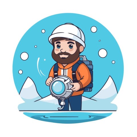 Climber with helmet and backpack on ice vector illustration grap