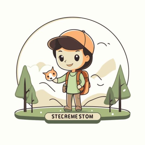 Hiking boy with a cat in the park. Vector illustration.