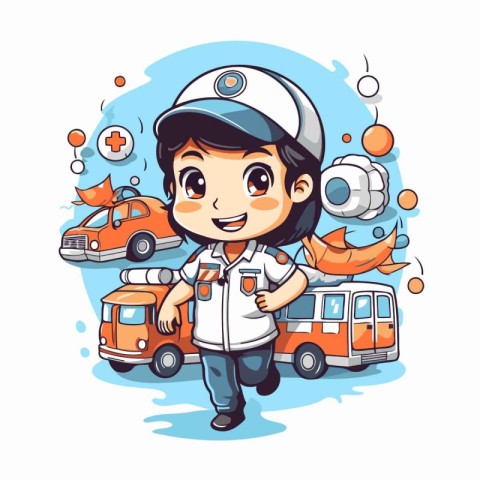 Cute little boy in uniform with car and fire truck. Vector illus