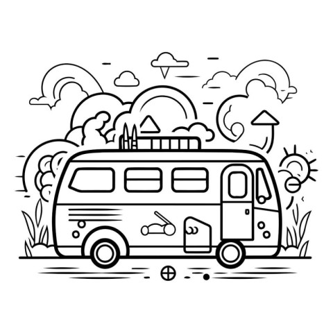 Traveling by camper van. Black and white vector illustration.