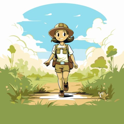 Illustration of a Hiking Tourist Walking in the Countryside