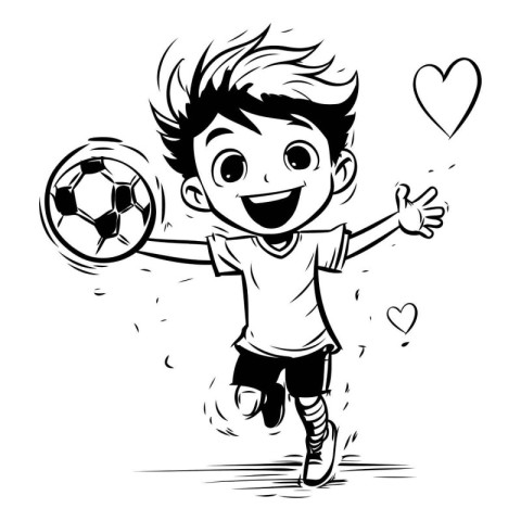 Boy playing soccer. Black and white vector illustration for colo