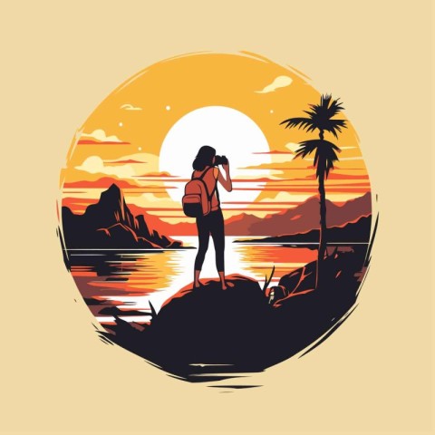 Silhouette of a girl with a backpack on the beach at sunset. Vec